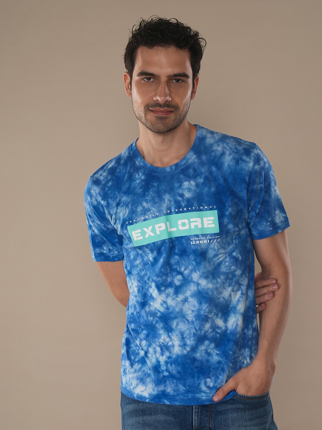 

Crocodile Abstract Printed Round Neck Cotton Slim Fit T-shirt, Blue