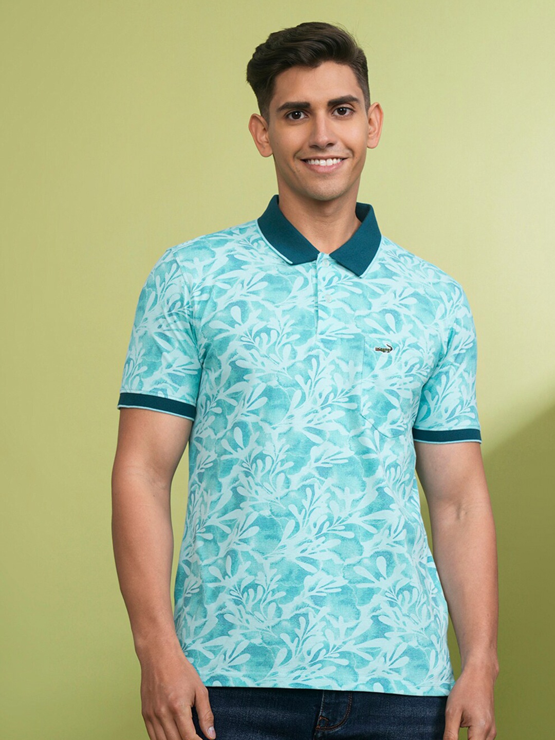 

Crocodile Floral Printed Polo Collar Cotton Slim Fit T-shirt, Blue