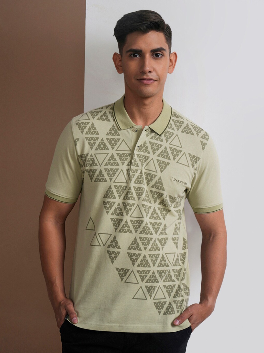 

Crocodile Geometric Printed Polo Collar Cotton Slim Fit T-shirt, Green