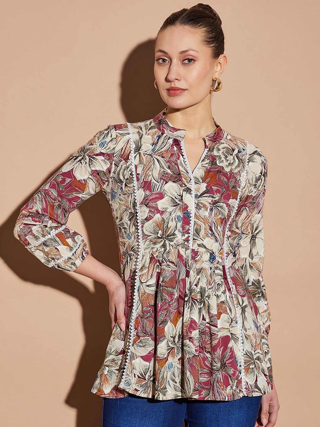 

all about you Red Floral Printed Mandarin Collar Lace-Up Regular Top