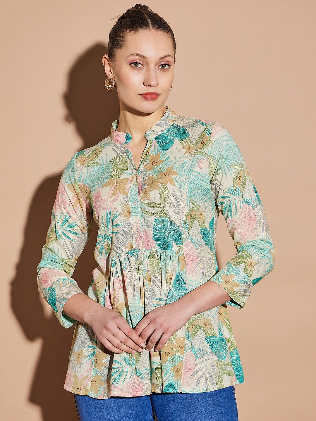 

all about you Tropical Print Mandarin Collar A-Line Top, Green