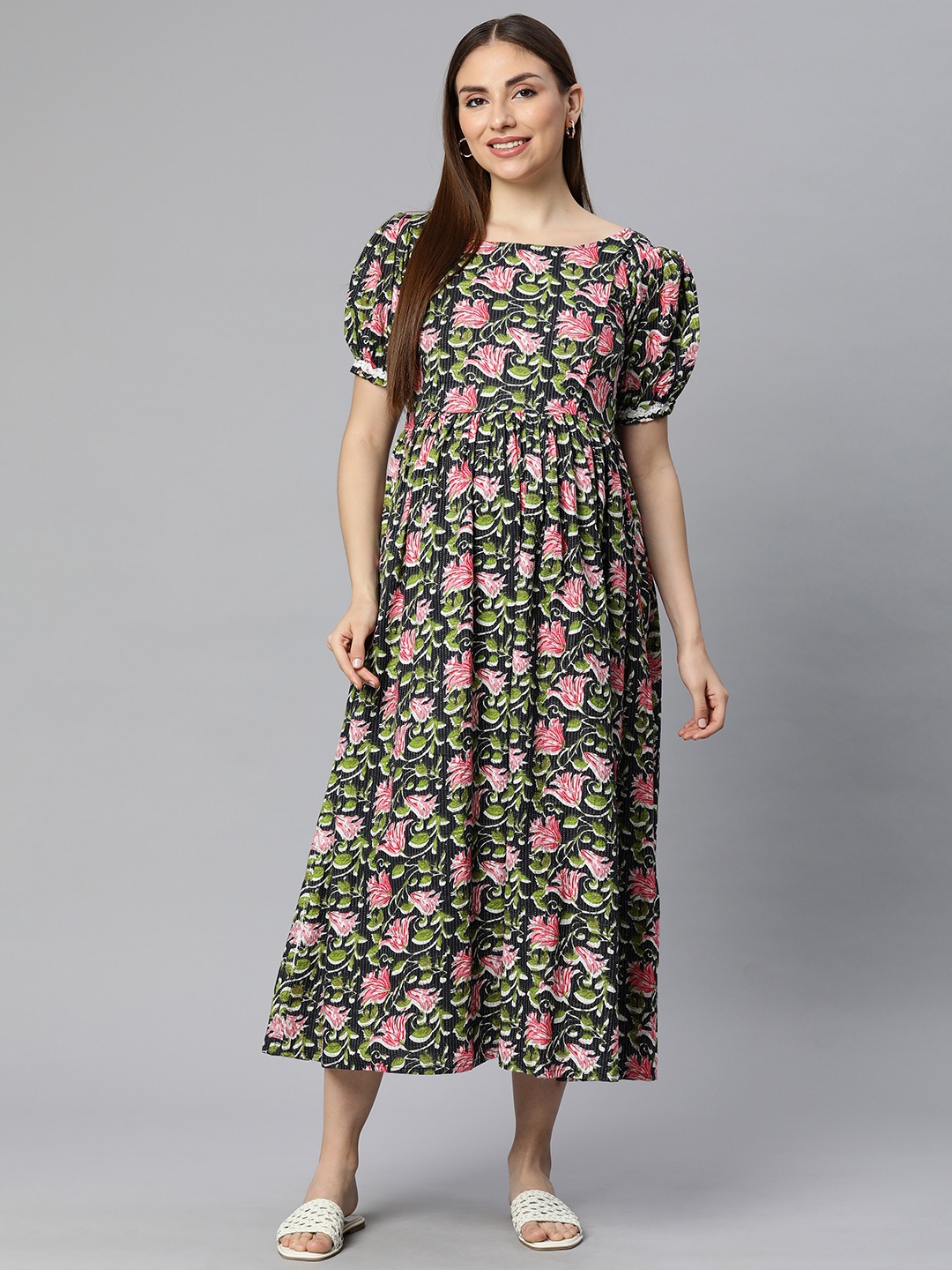 

Swishchick Floral Print Puff Sleeve Maternity Fit & Flare Midi Dress, Black