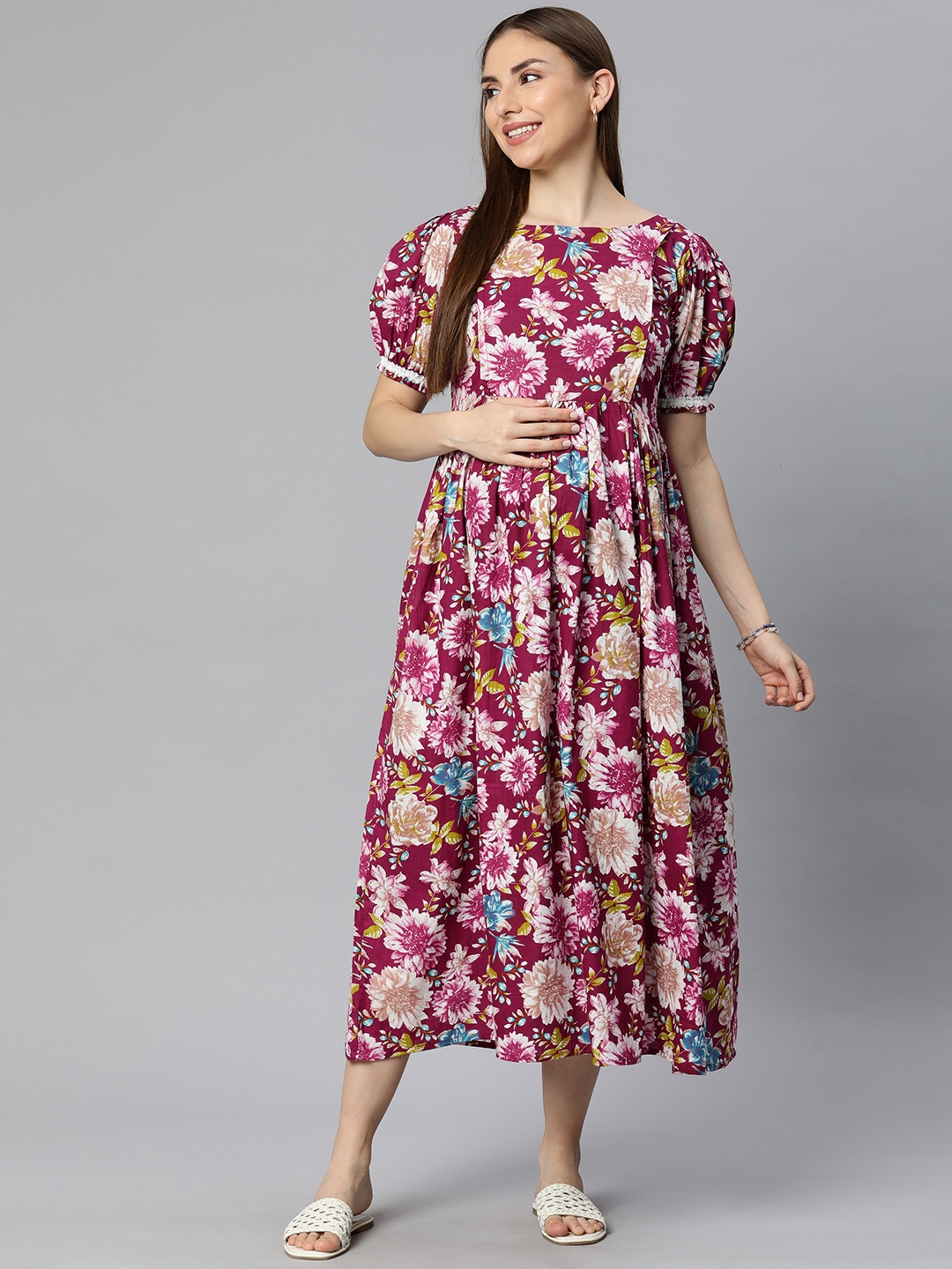 

Swishchick Floral Print Puff Sleeve Maternity Fit & Flare Midi Dress, Red