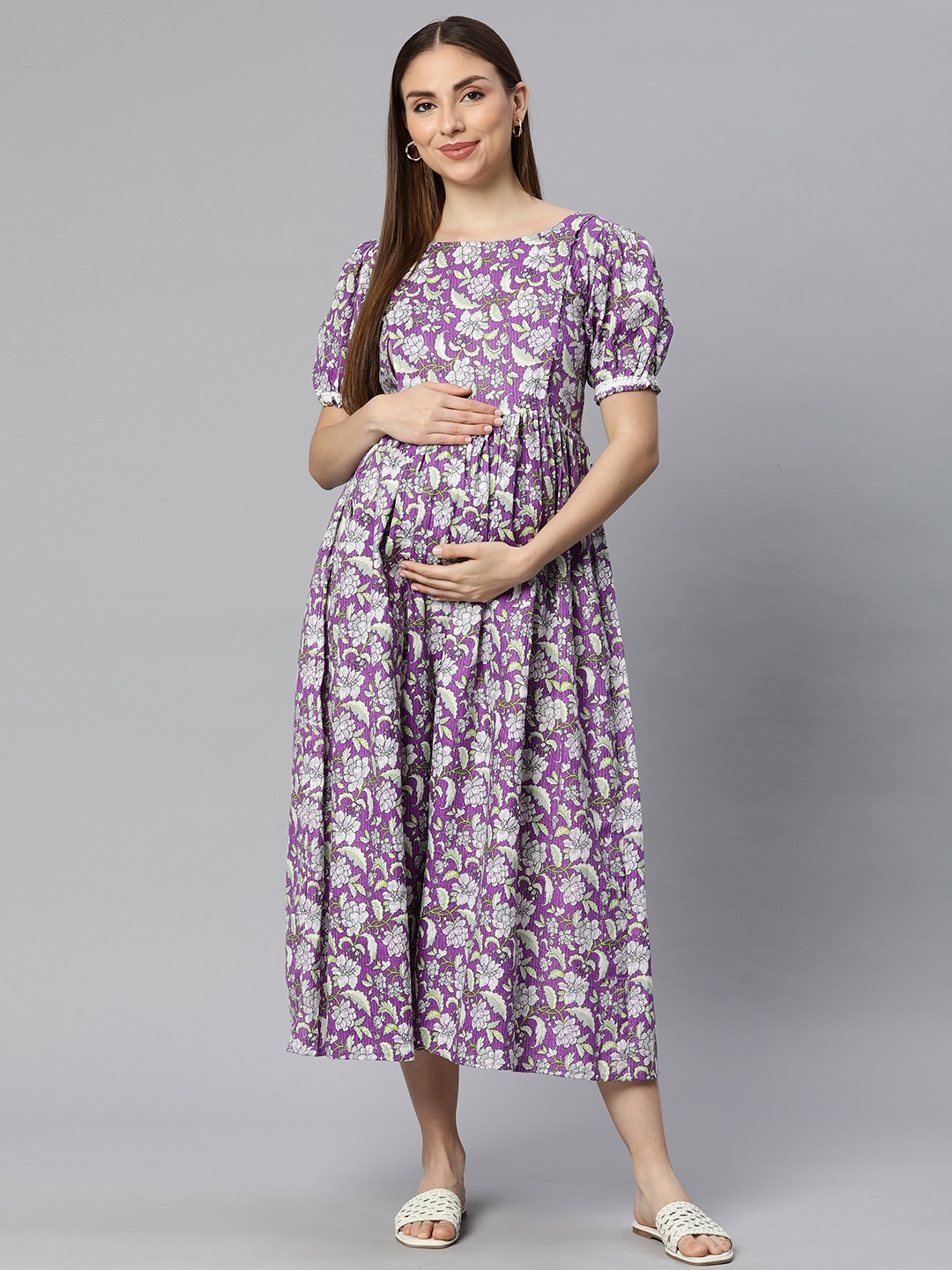 

Swishchick Floral Print Puff Sleeve Maternity Fit & Flare Midi Dress, Purple