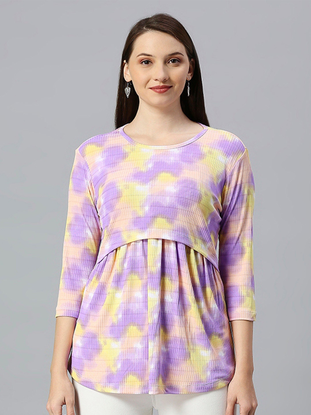 

True Shape Abstract Printed Gathered or Pleated Cotton Maternity Top, Purple