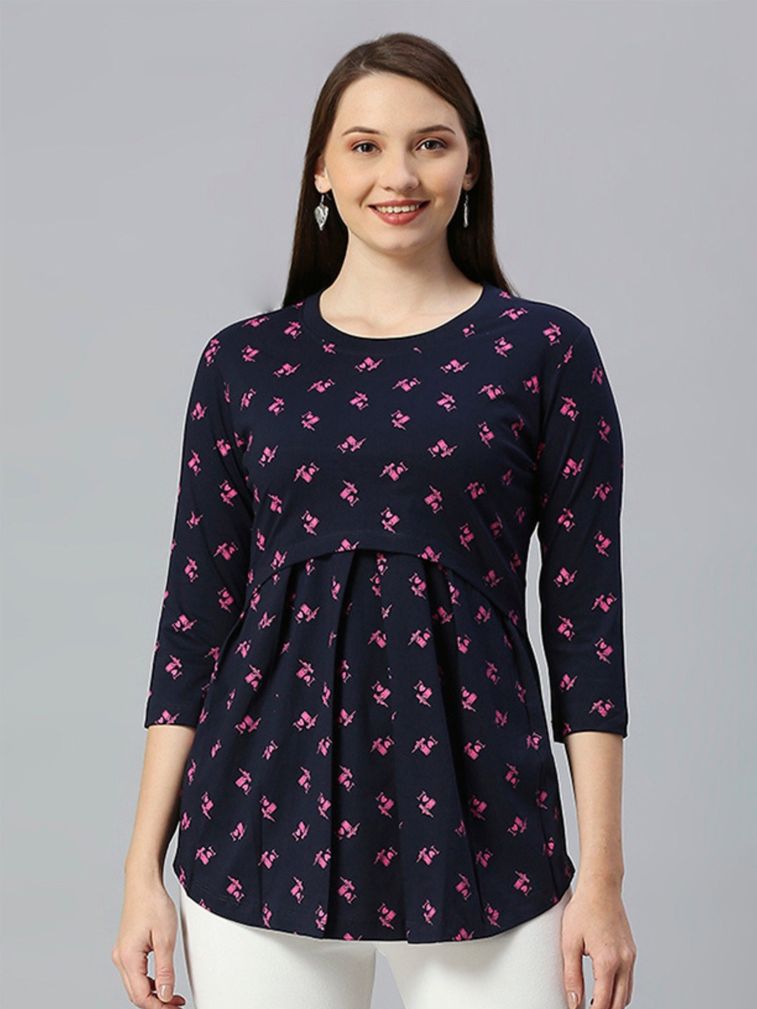 

True Shape Printed Gathered or Pleated Cotton Maternity Top, Navy blue