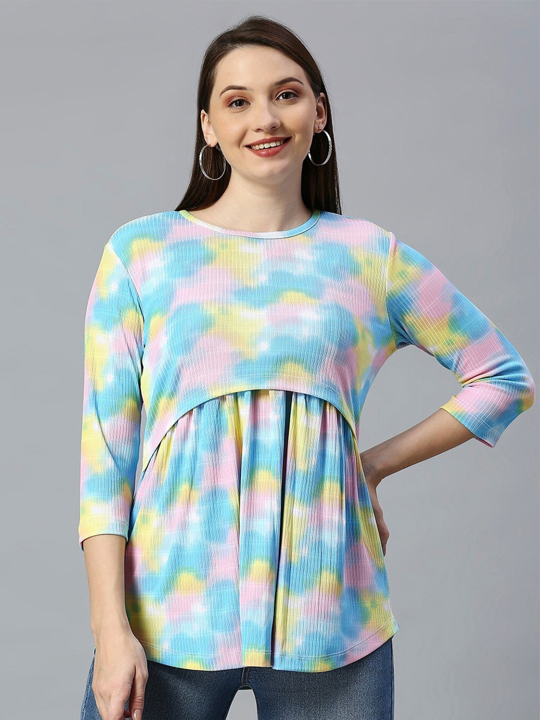 

True Shape Abstract Printed Gathered or Pleated Cotton Maternity Top, Blue