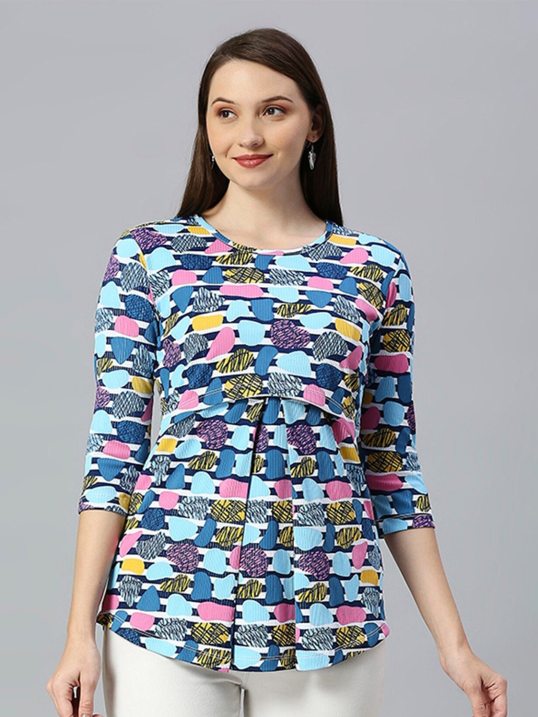 

True Shape Abstract Printed Gathered or Pleated Cotton Maternity Top, Blue