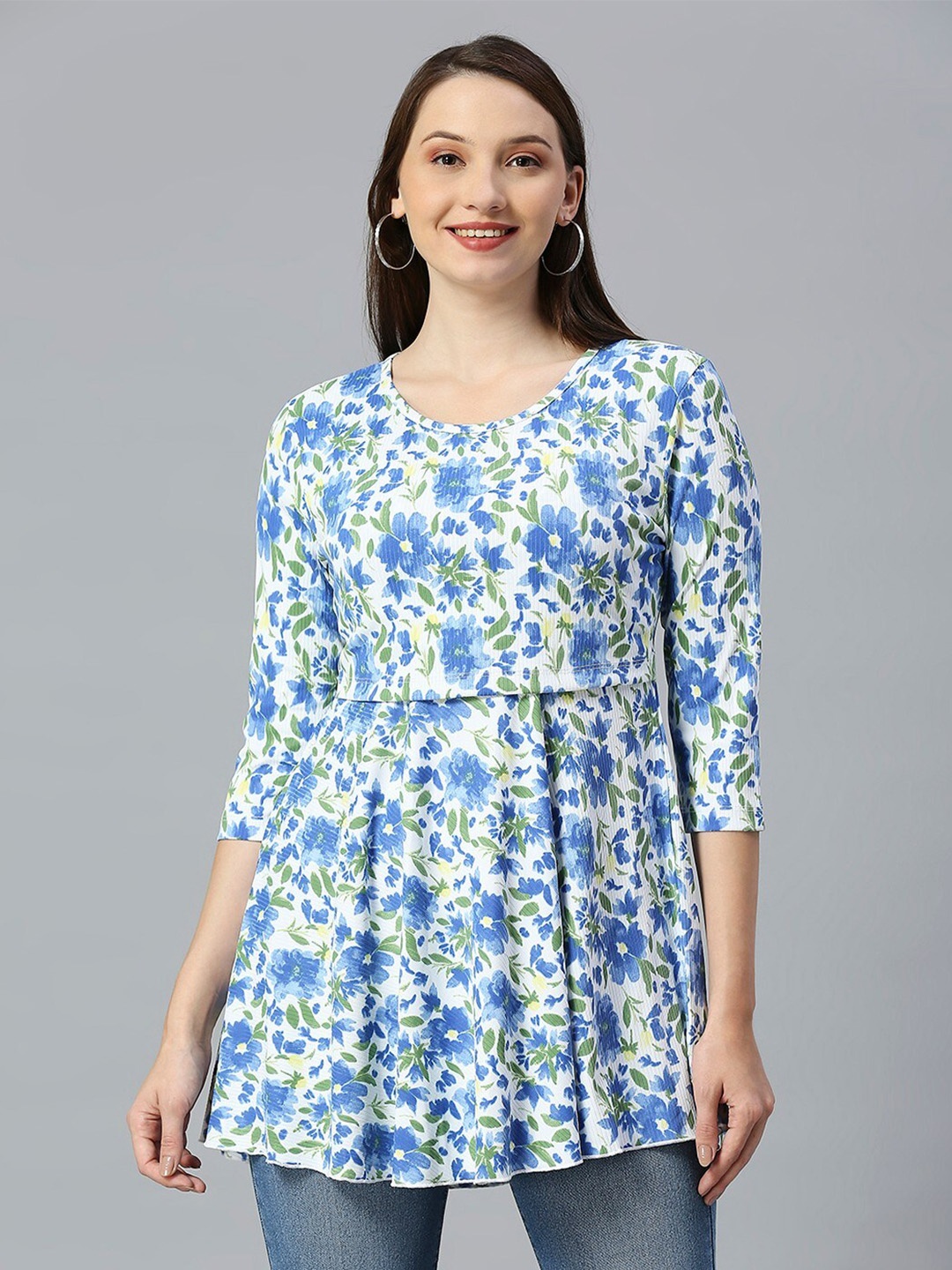 

True Shape Floral Printed Gathered or Pleated Cotton Longline Maternity Top, Blue