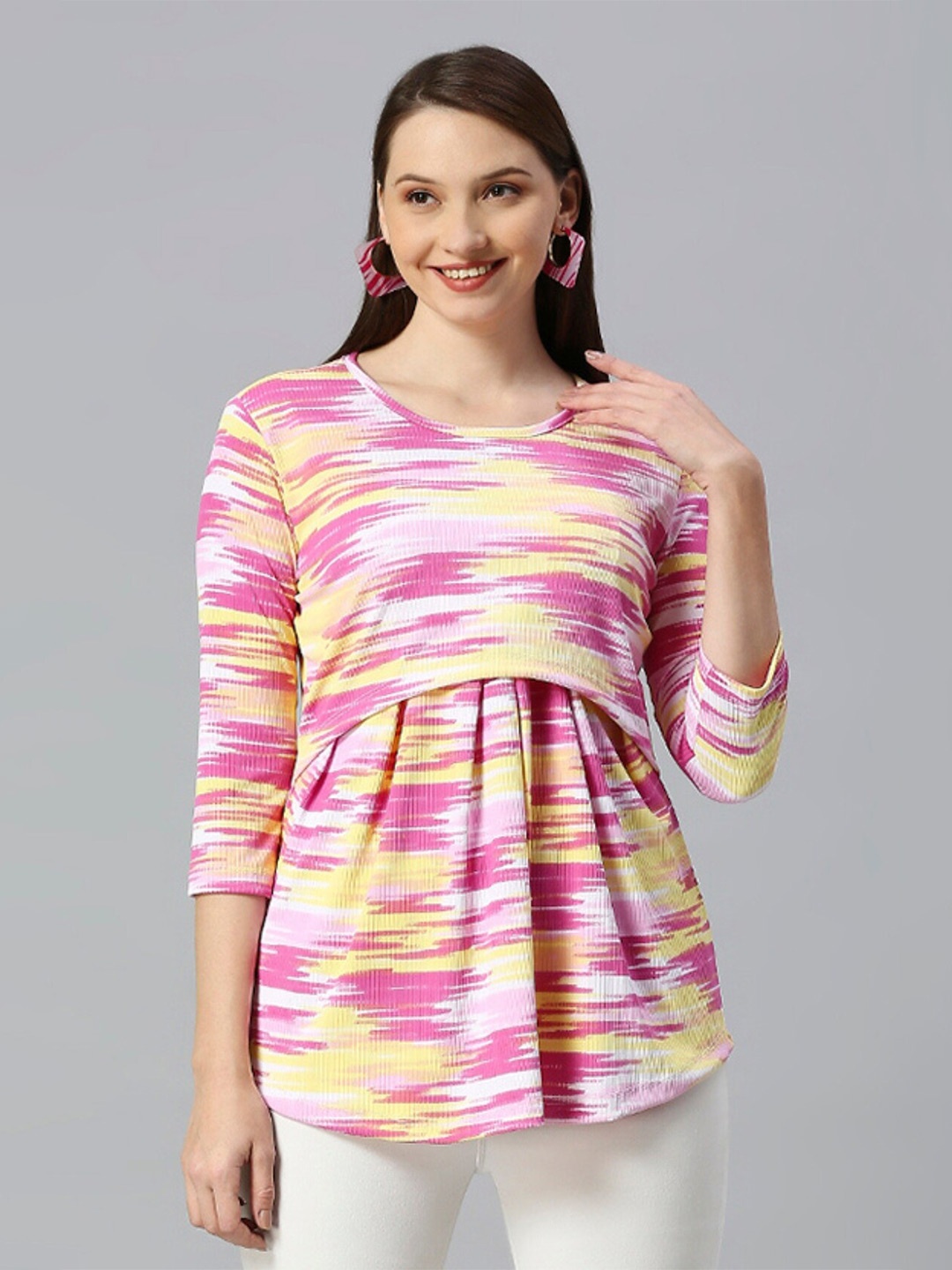 

True Shape Abstract Printed Gathered or Pleated Cotton Maternity Top, Pink
