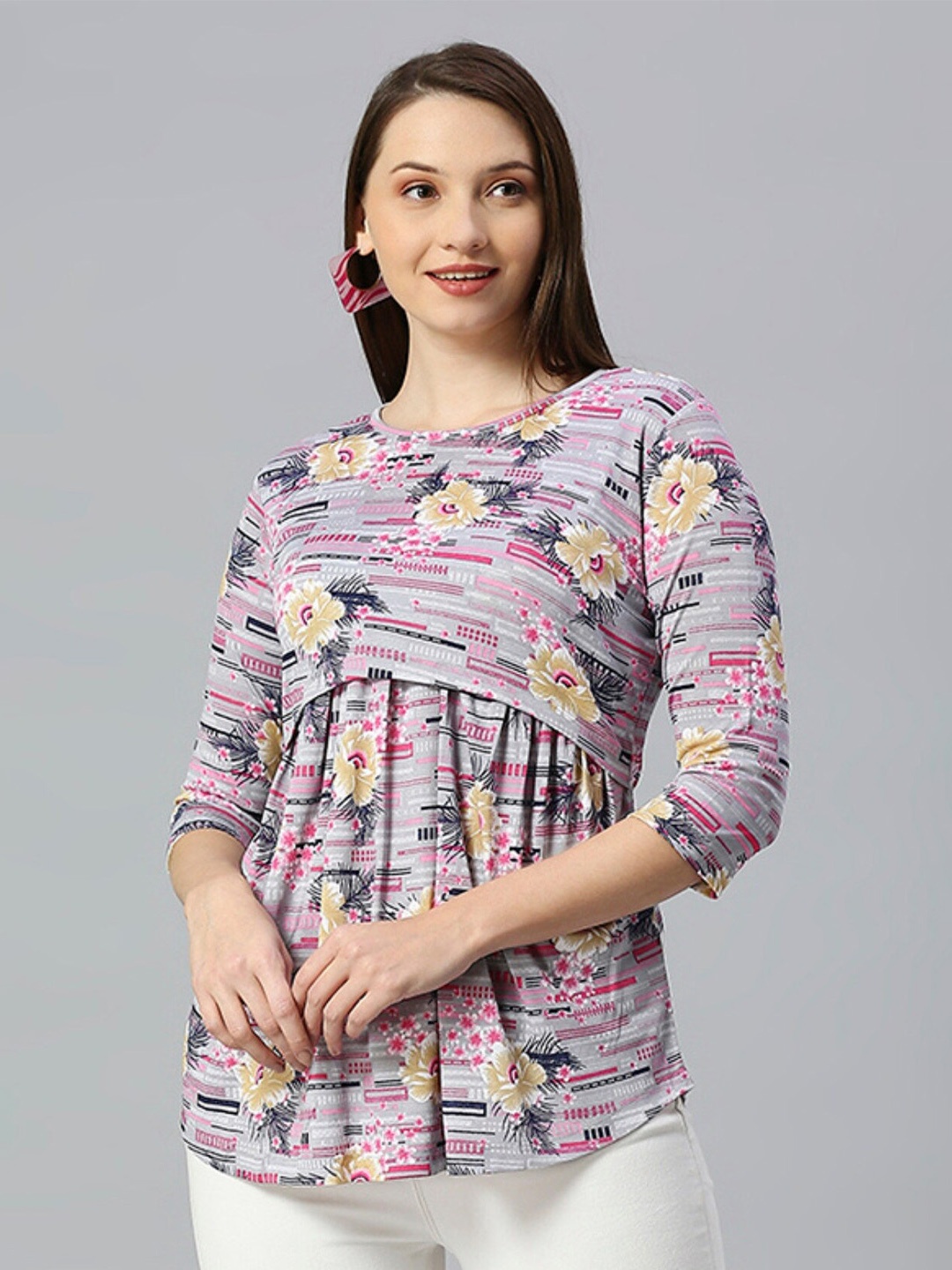 

True Shape Floral Printed Gathered or Pleated Cotton Maternity Top, Grey
