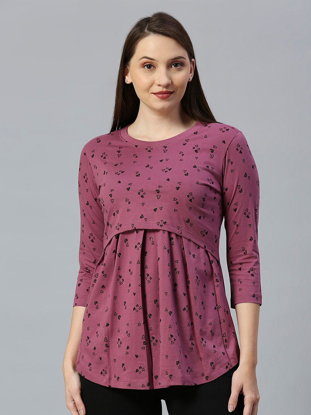 

True Shape Conversational Printed Gathered or Pleated Cotton Maternity Top, Magenta