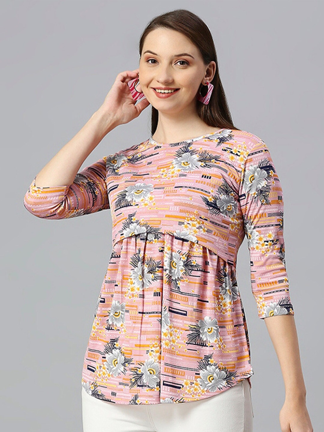 

True Shape Floral Printed Gathered or Pleated Cotton Maternity Top, Coral