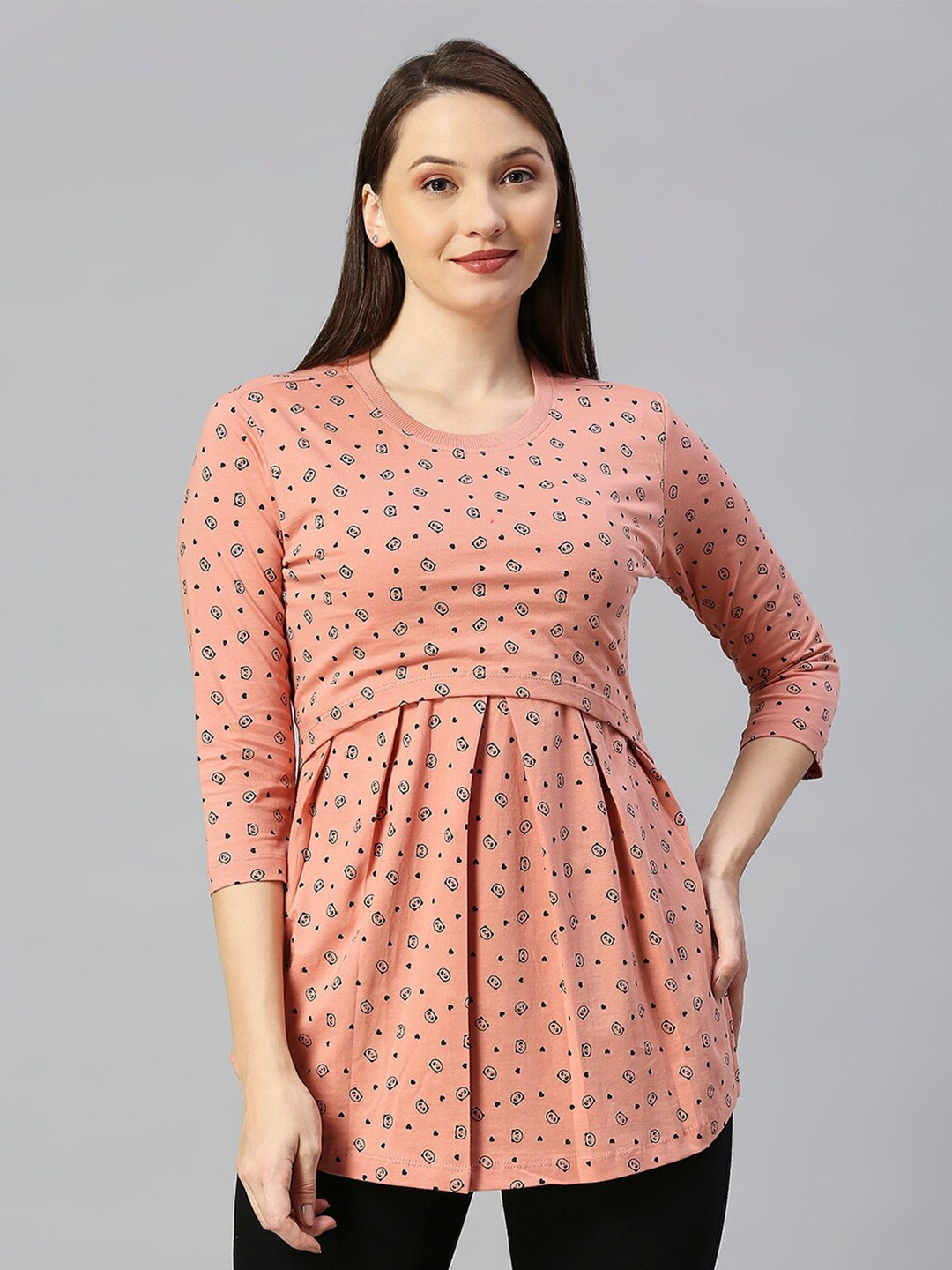 

True Shape Conversational Printed Gathered or Pleated Cotton Maternity Top, Peach