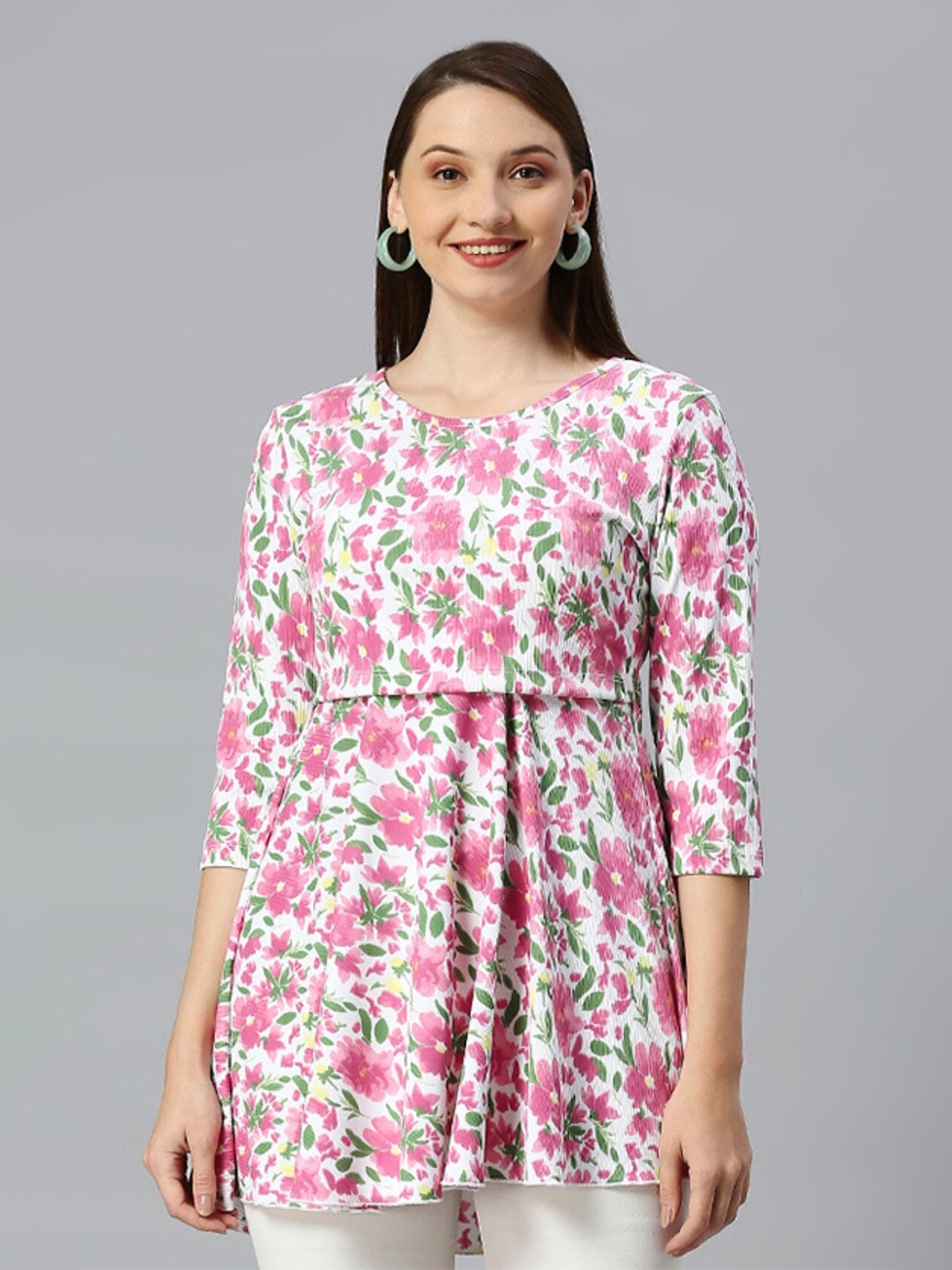 

True Shape Floral Printed Gathered or Pleated Cotton Maternity Top, Pink