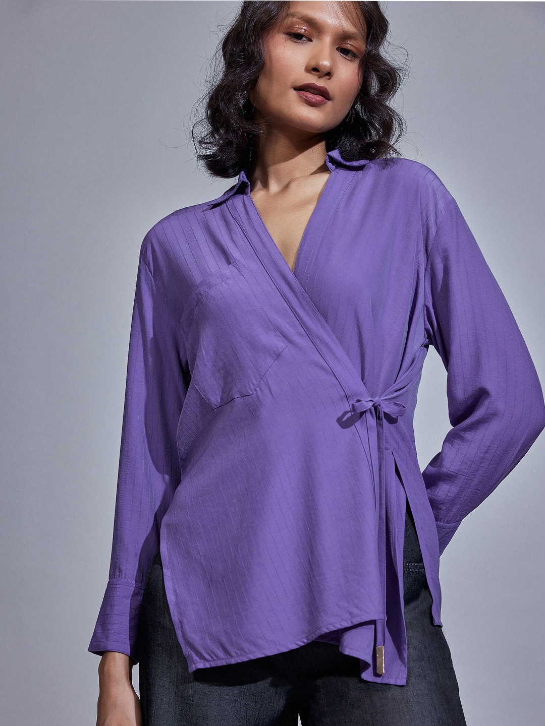 

The Label Life Shirt Collar Tie Up Wrap Top, Blue