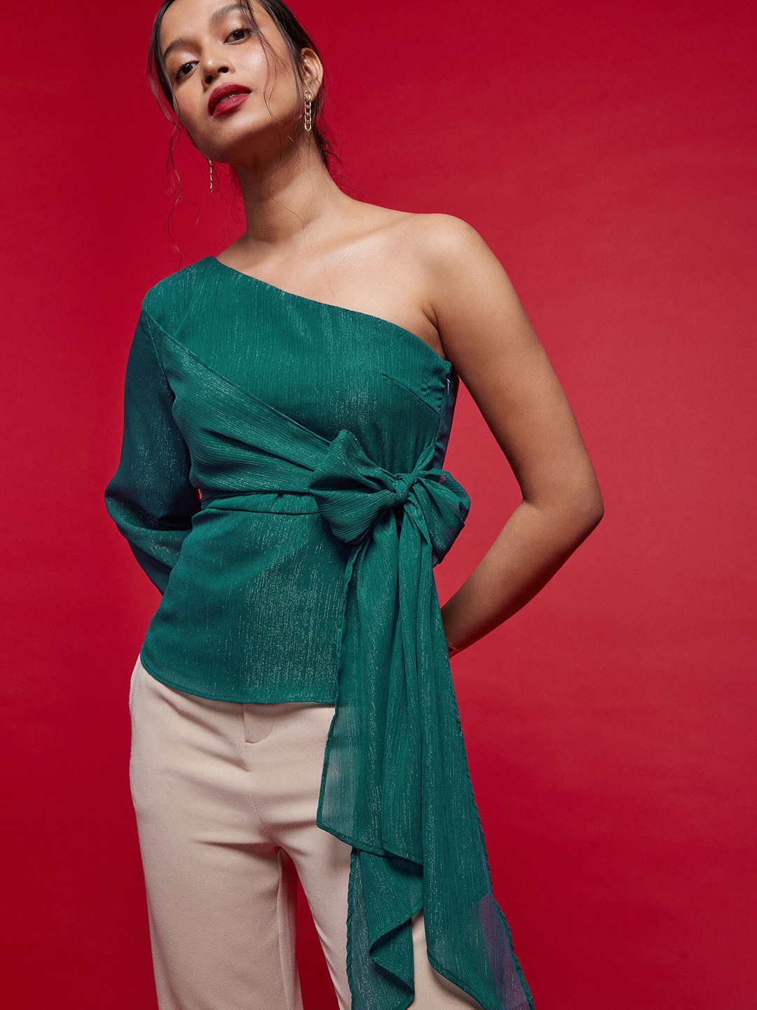 

The Label Life One Shoulder Tie Up Top, Green