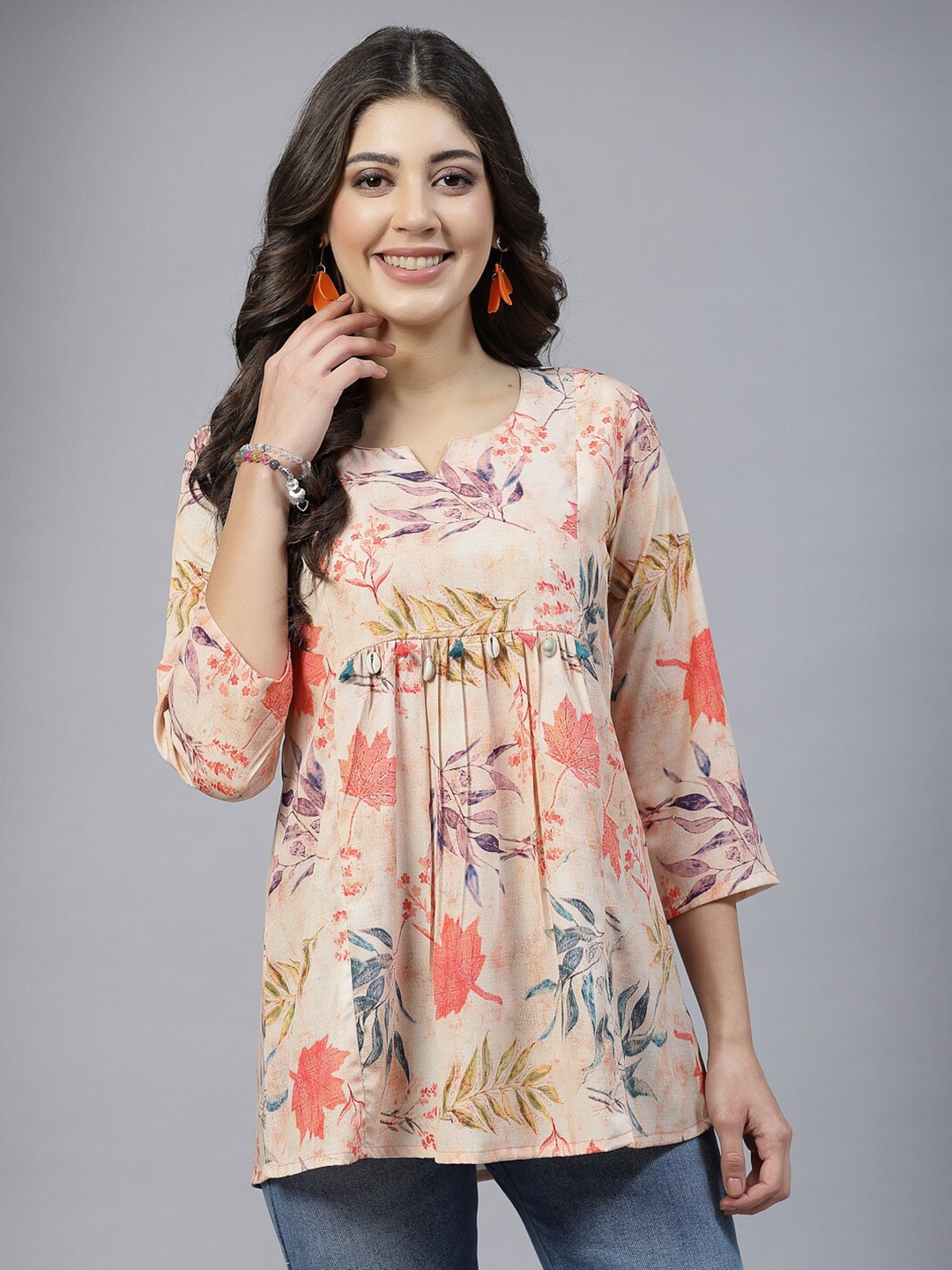 

TANKHI Floral Print Regular Top, Beige