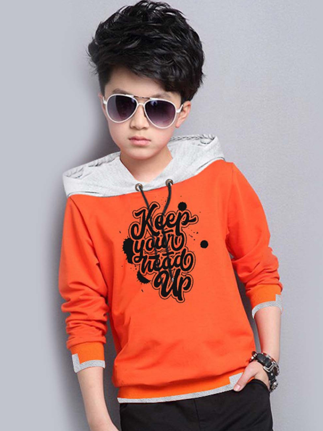 

BAESD Boys Printed Full Sleeve Cotton Hooded T-shirt, Orange