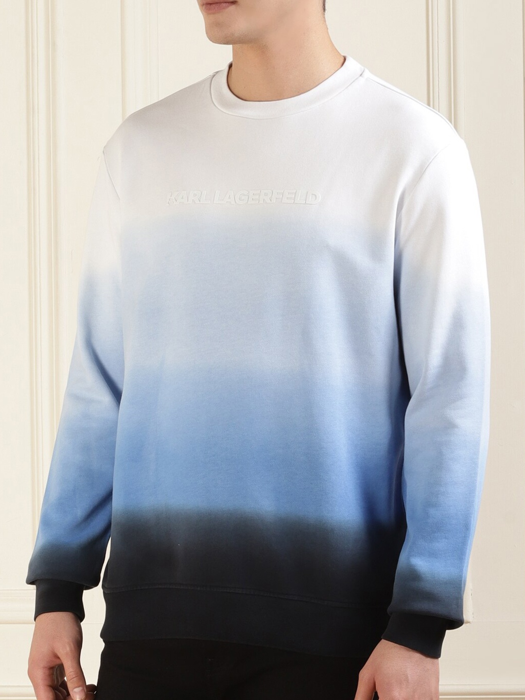 

Karl Lagerfeld Ombre Printed Round Neck Long Sleeves Cotton Pullover Sweatshirt, Blue