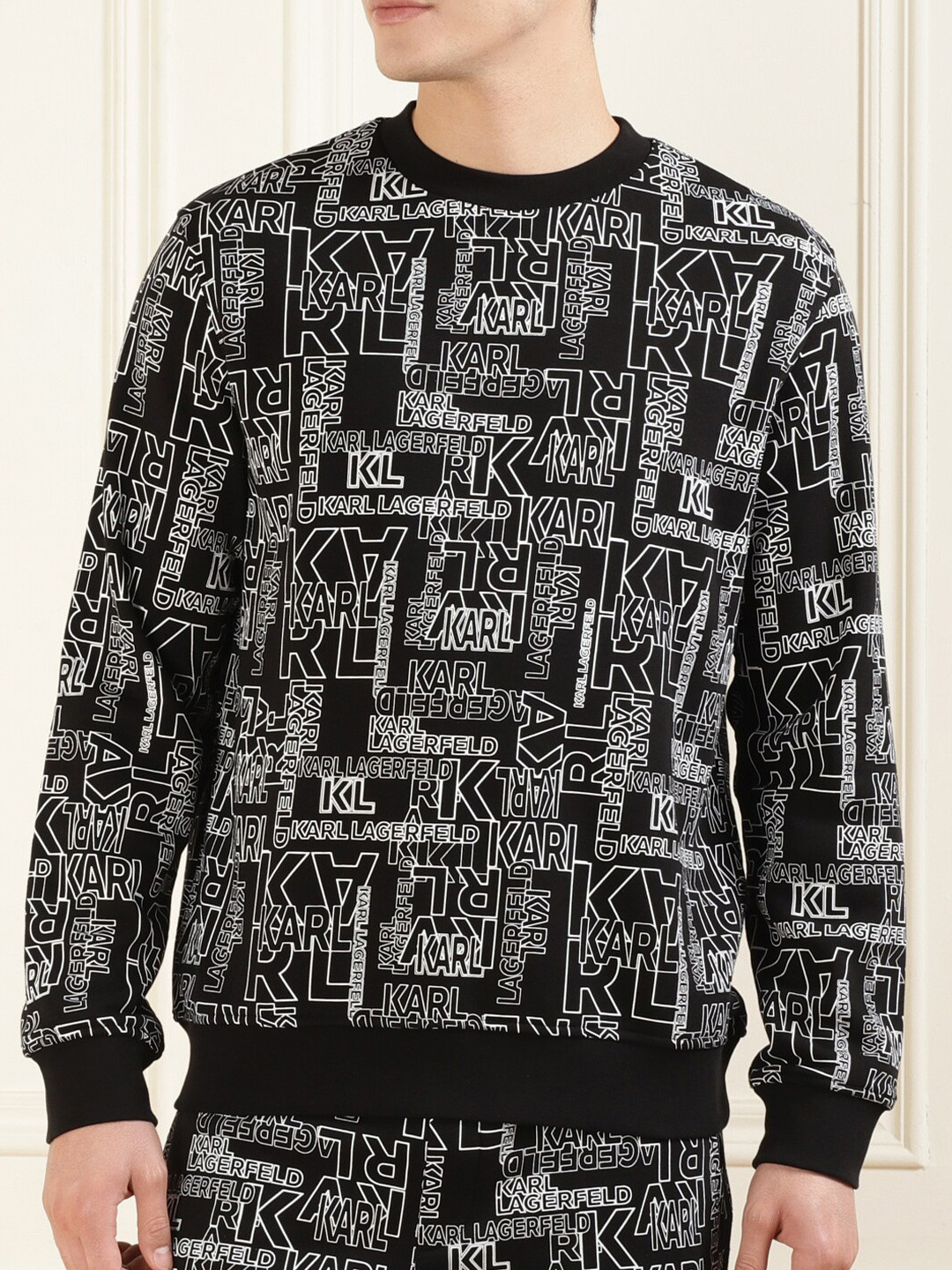 

Karl Lagerfeld Typography Printed Round Neck Long Sleeves Cotton Pullover Sweatshirt, Black