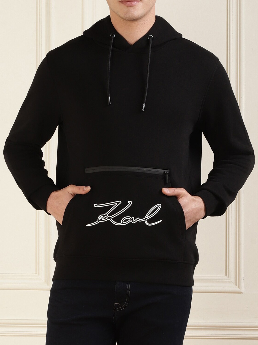 

Karl Lagerfeld Typography Printed Hooded Long Sleeves Cotton Pullover Sweatshirt, Black