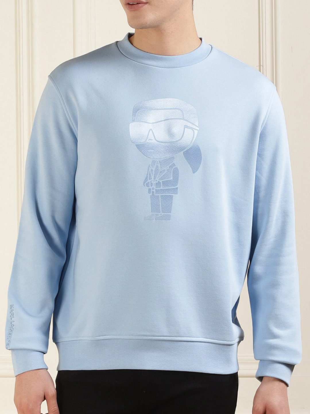 

Karl Lagerfeld Graphic Printed Round Neck Long Sleeves Cotton Pullover Sweatshirt, Blue