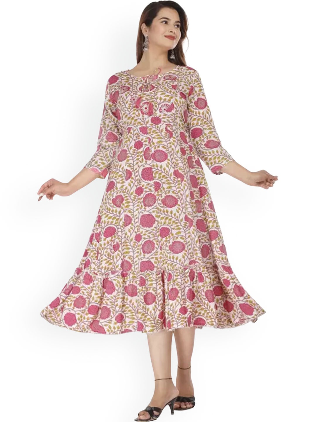 

DARVIKAA COLLECTION Floral Printed Fit And Flare Midi Ethnic Dress, Pink
