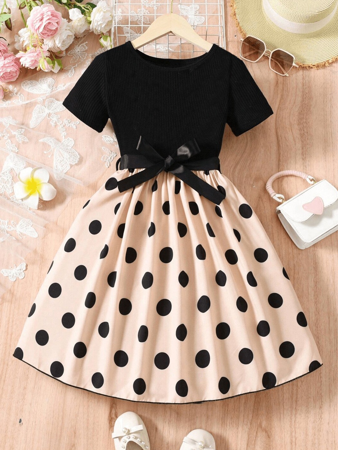 

BAESD Polka Dot Crepe Fit & Flare Dress, Beige