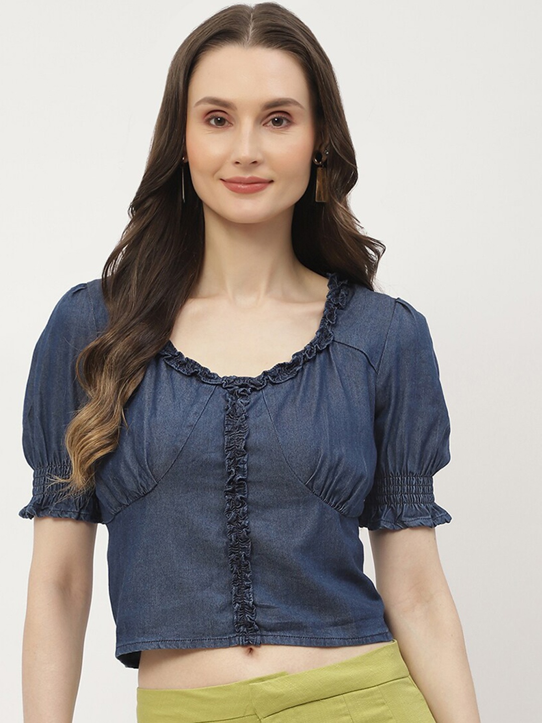 

Madame Puff Sleeve Scoop Neck Crop Top, Blue