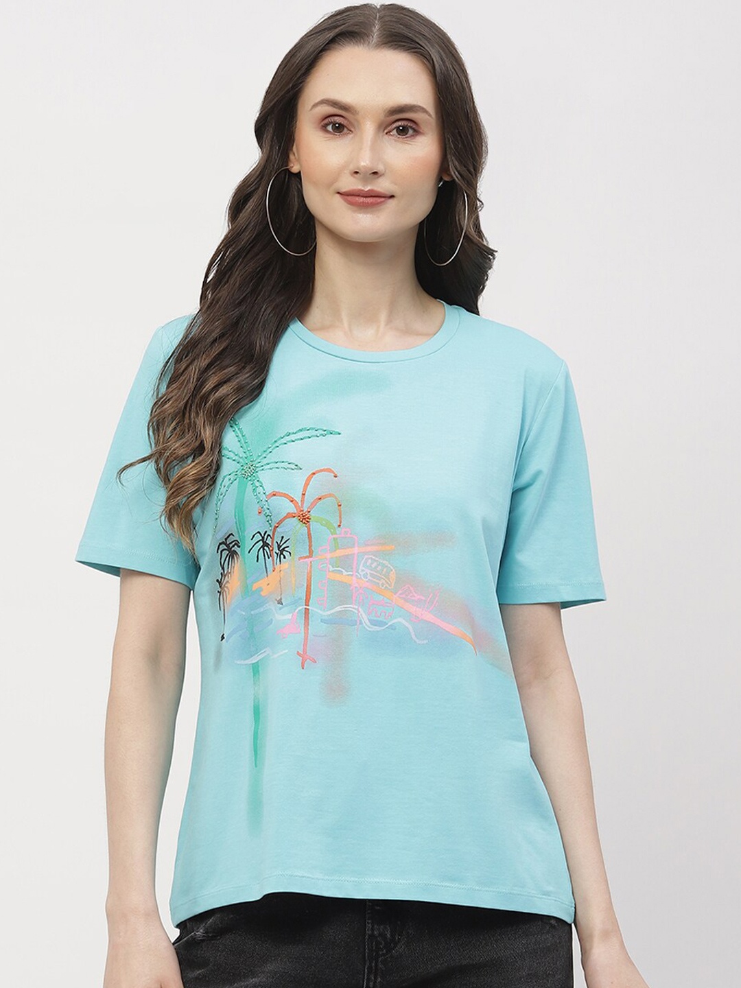 

Madame Printed Round Neck Cotton T-shirts, Blue