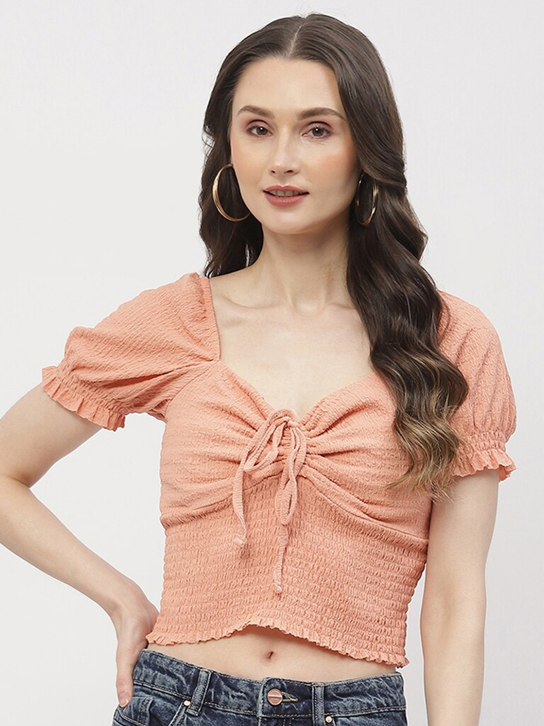 

Madame Tie-Up Neck Puff Sleeve Cotton Crop Top, Orange