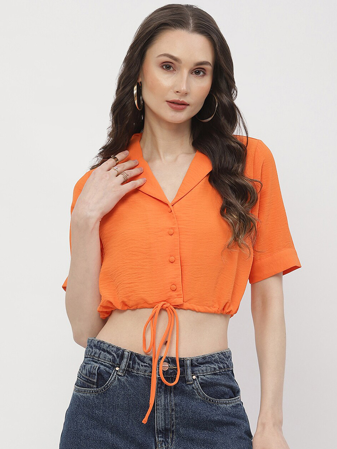 

Madame Cuban Collar Shirt Style Crop Top, Orange