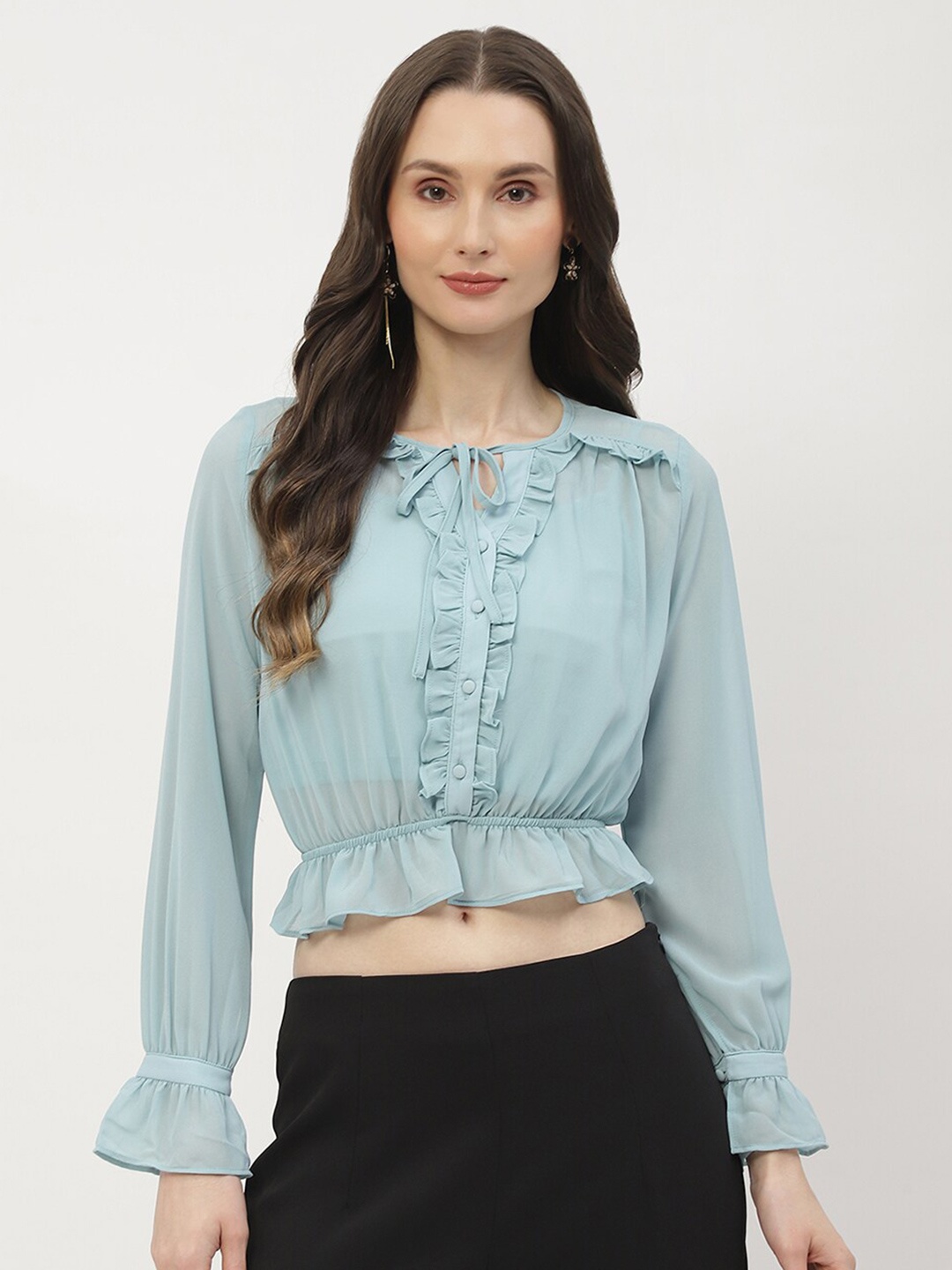 

Madame Tie-Up Neck Puff Sleeve Cinched Waist Crop Top, Blue