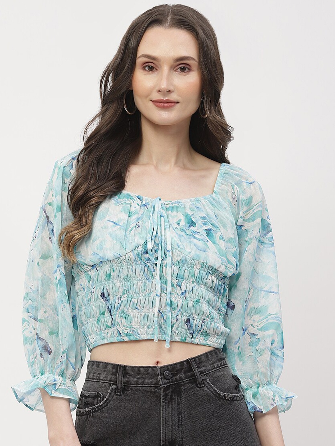

Madame Floral Print Square Neck Puff Sleeve Cotton Blouson Crop Top, Green