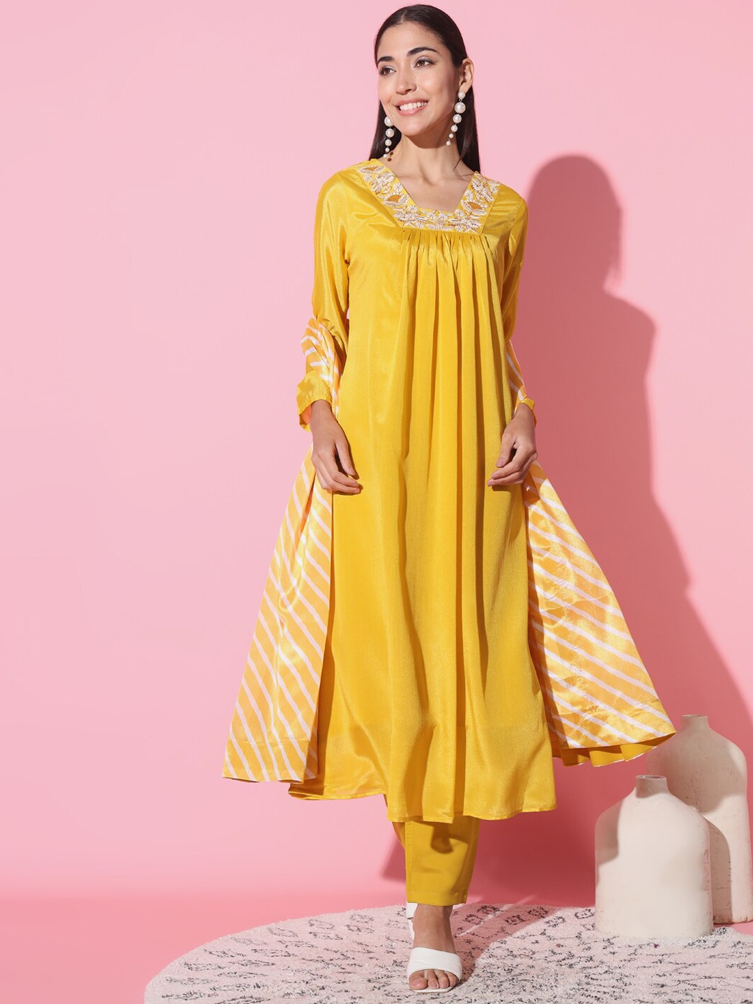 

THE52 Ethnic Motifs Embroidered Pleated A-Line Kurta with Trousers & Dupatta, Yellow
