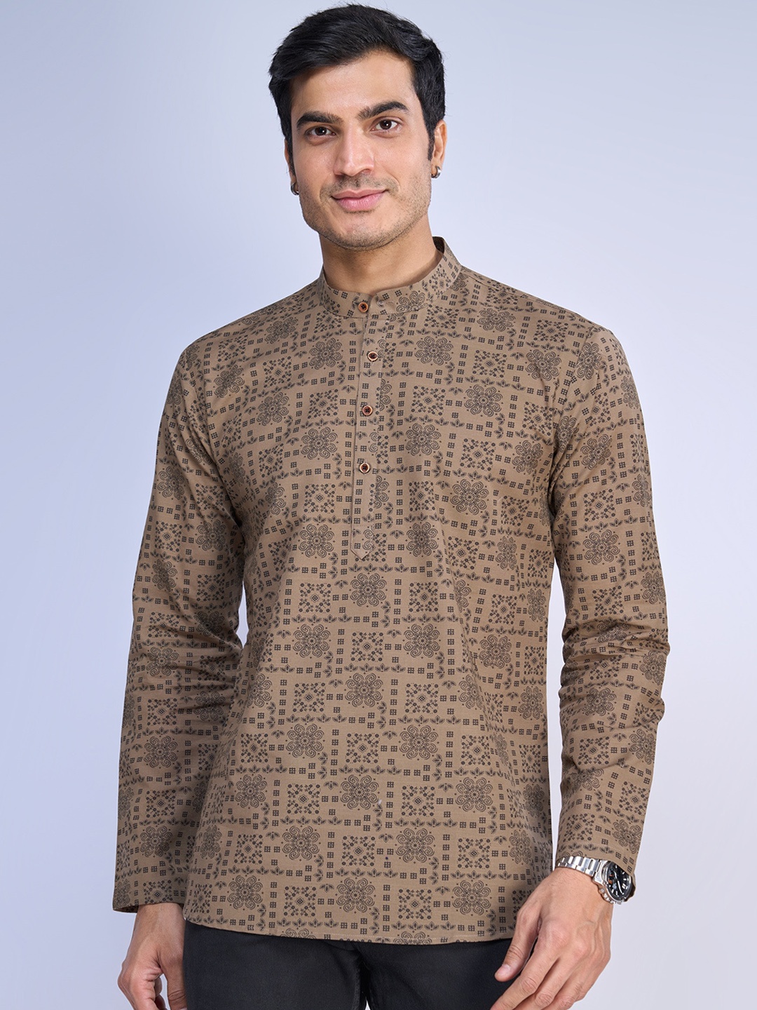 

BELLAZO Floral Printed Band Collar Linen Short Kurta, Coffee brown