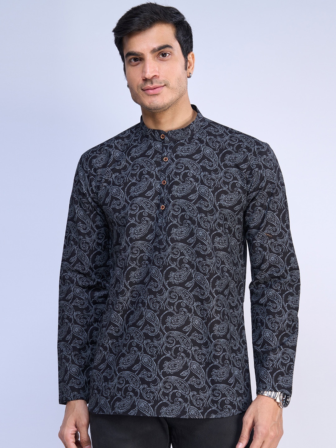 

BELLAZO Ethnic Motifs Printed Band Collar Linen Short Kurta, Black