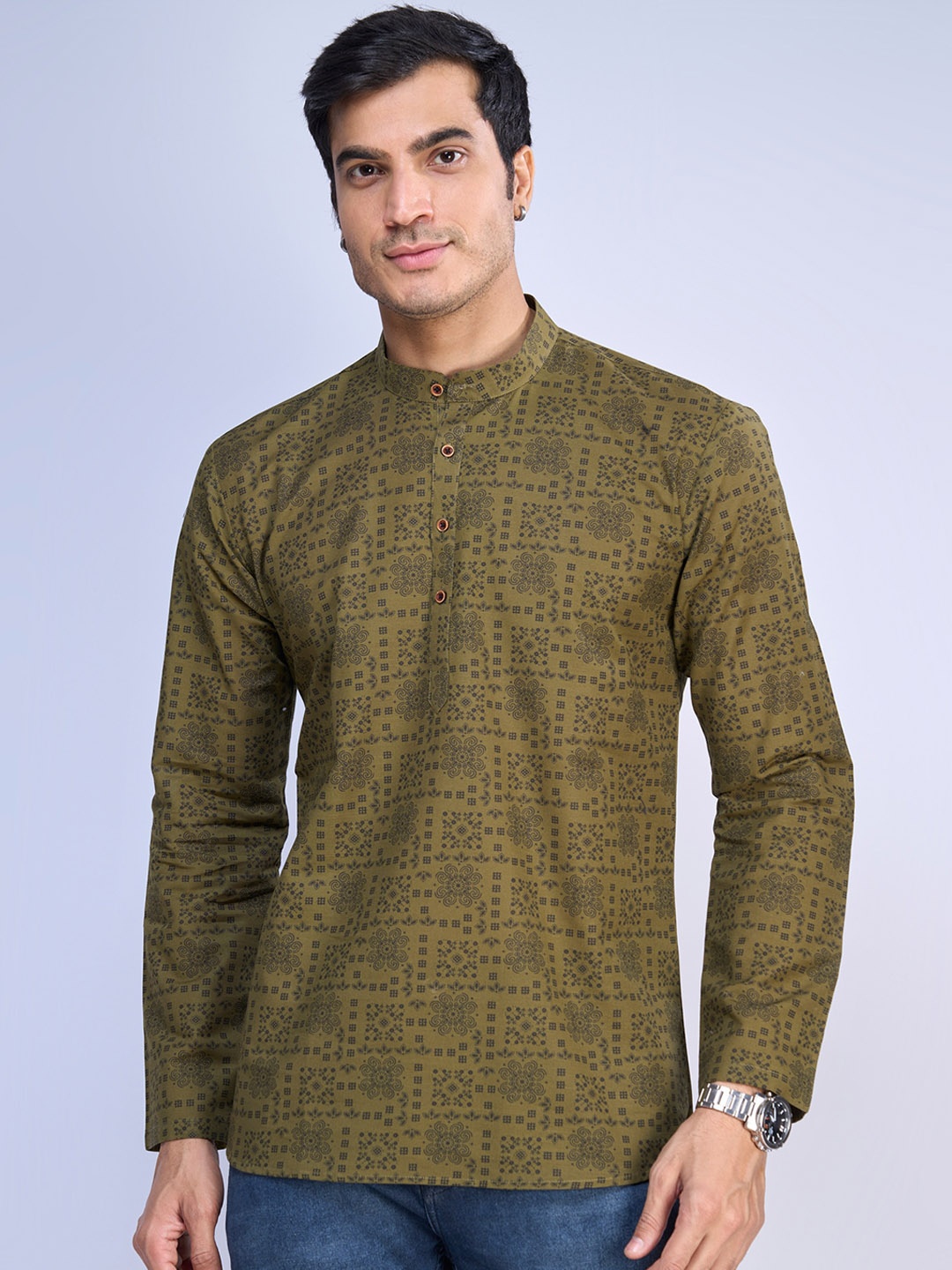 

BELLAZO Ethnic Motifs Printed Linen Kurta, Olive
