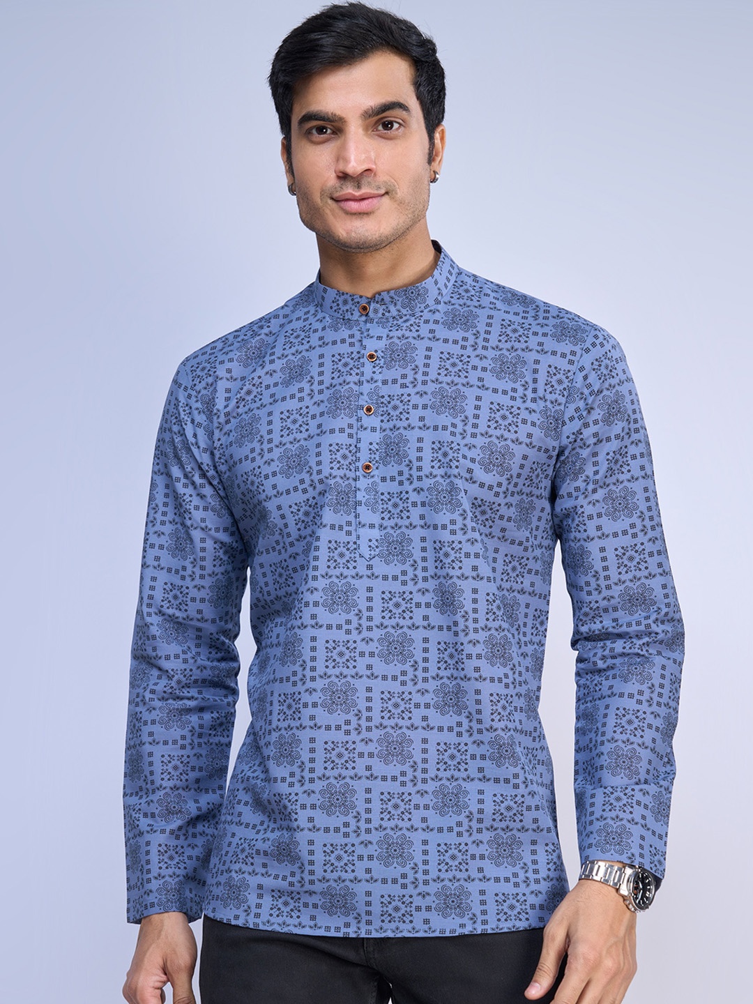 

BELLAZO Floral Printed Band Collar Linen Short Kurta, Blue