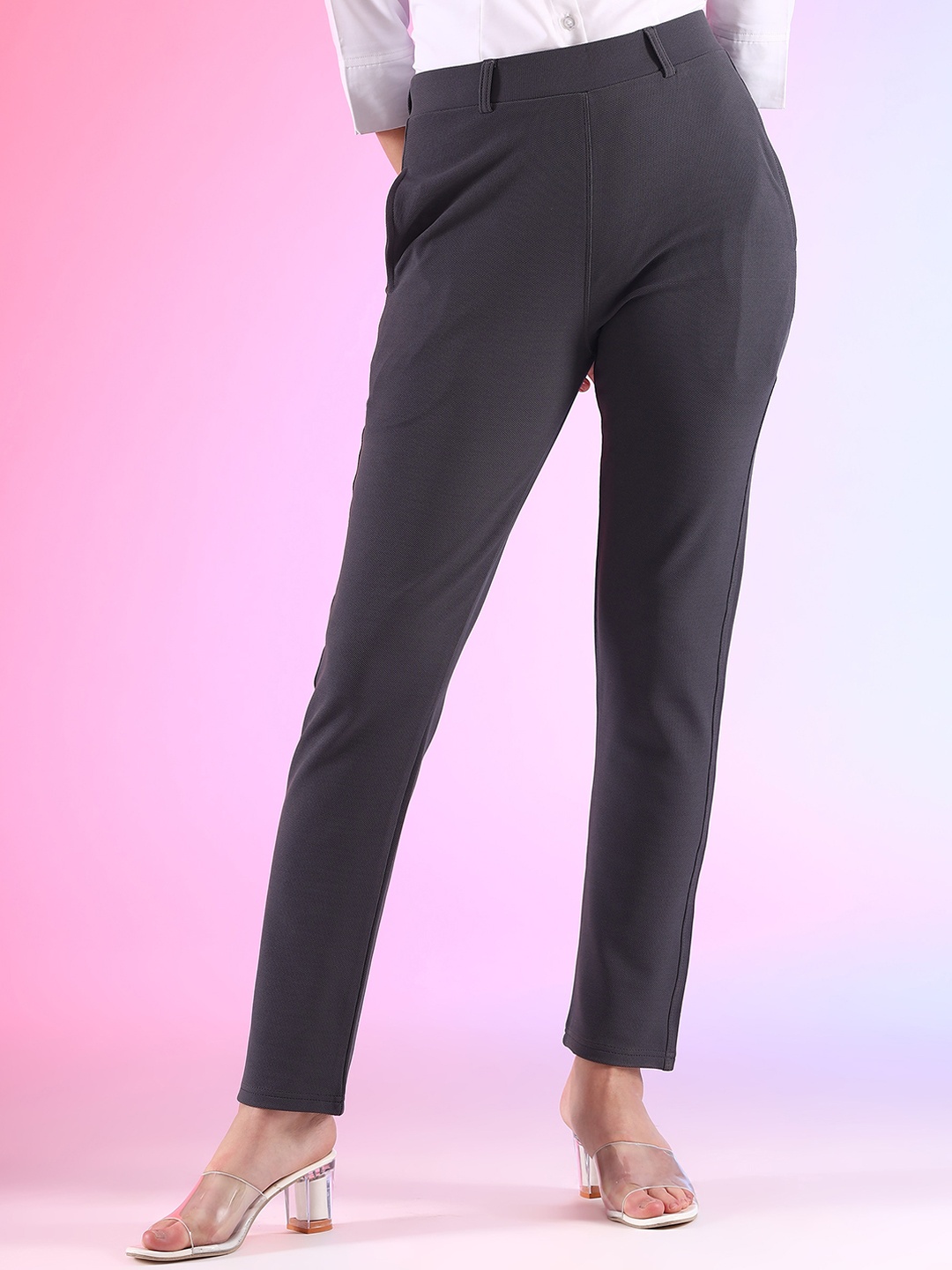 

FITHUB Women High-Rise Cotton Formal Trousers, Grey