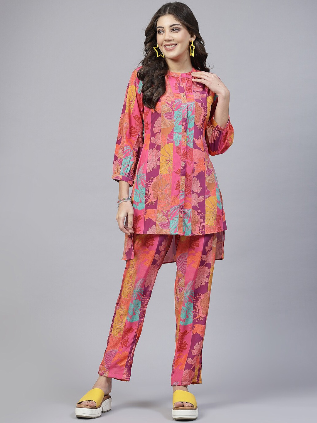 

TANKHI Floral Printed Mandarin Collar Tunic & Flared Trouser, Pink