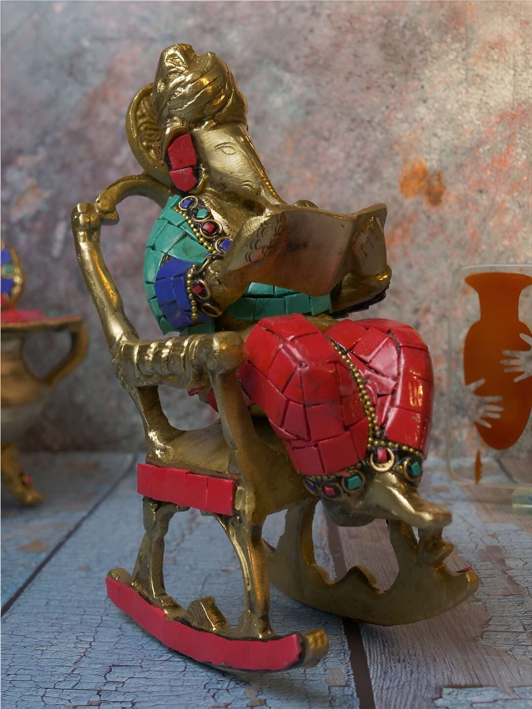 

Two Moustaches Gold Toned & Red Religious Brass Idol Small Showpiece