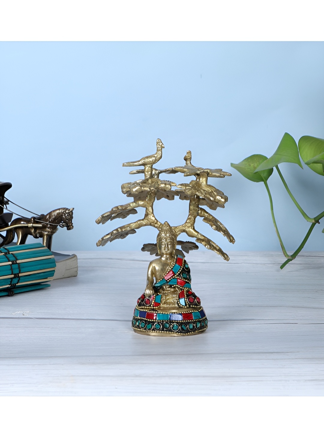 

Two Moustaches Cream Coloured & Blue Buddha Brass Idol Medium Showpiece