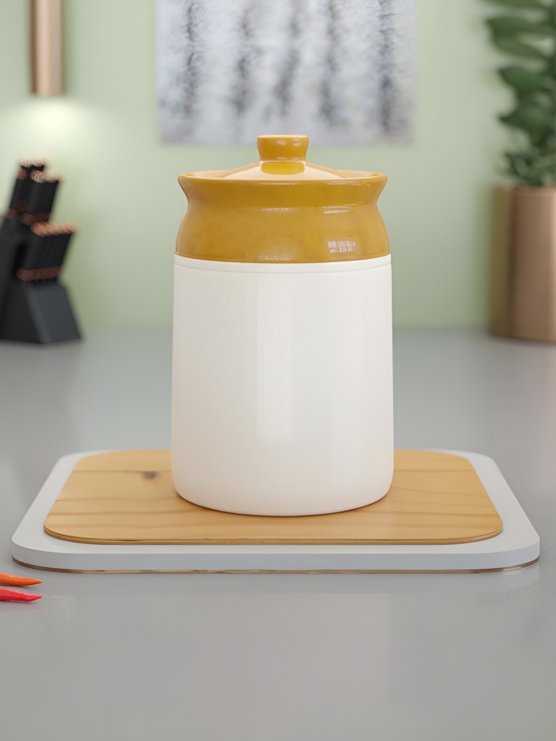 

The Earth Store White & Mustard Ceramic Dishwasher and Microwave Safe Jar with Lid 1.2 Ltr