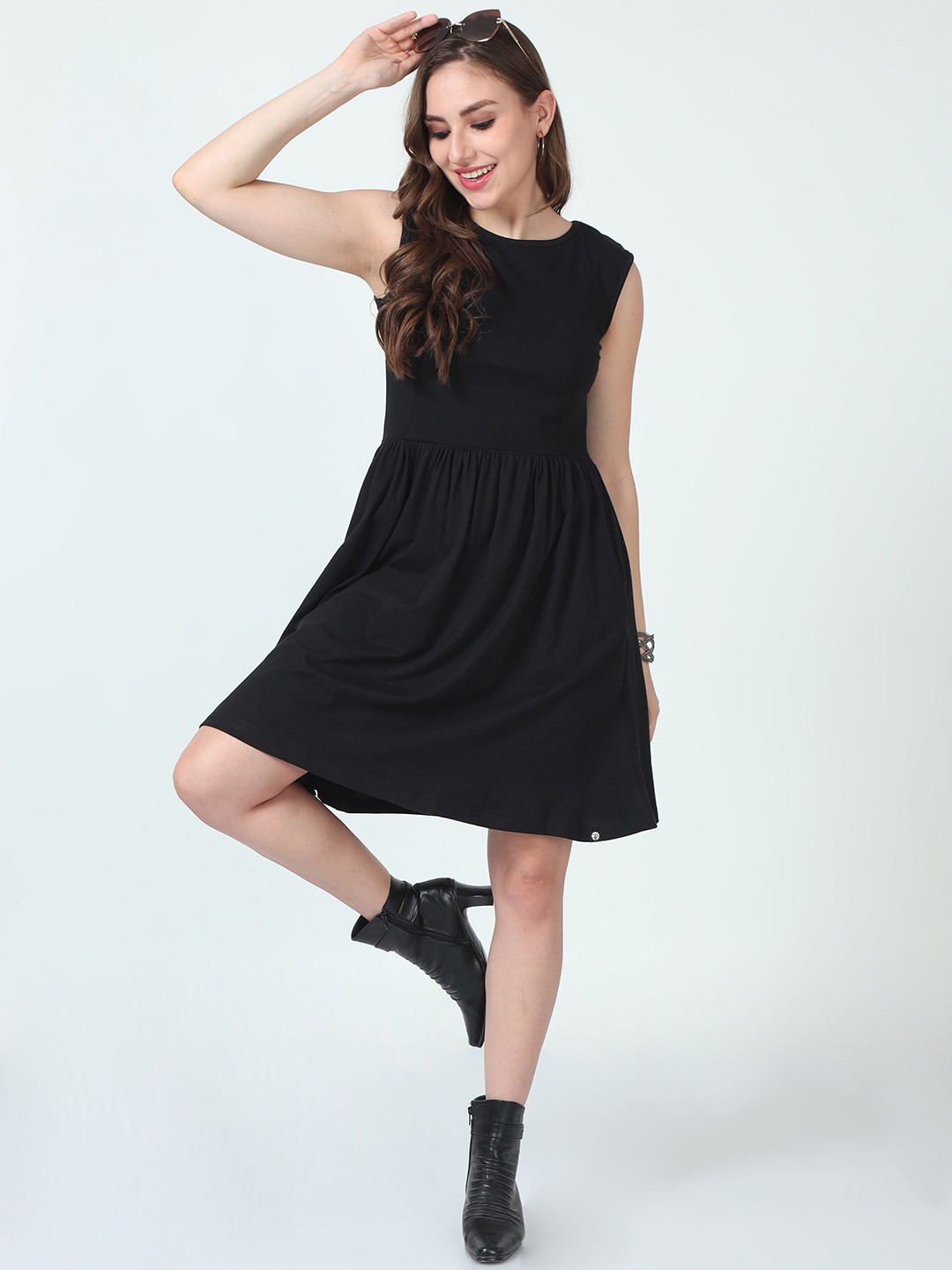 

ecott Sleeveless Cotton Pleated Fit & Flare Dress, Black