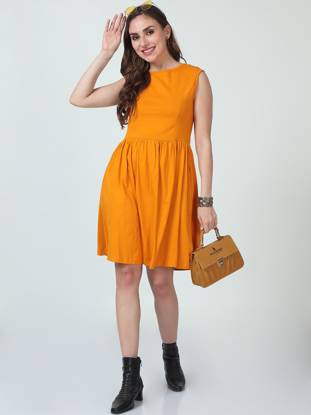 

ecott Sleeveless Cotton Pleated Fit & Flare Dress, Mustard