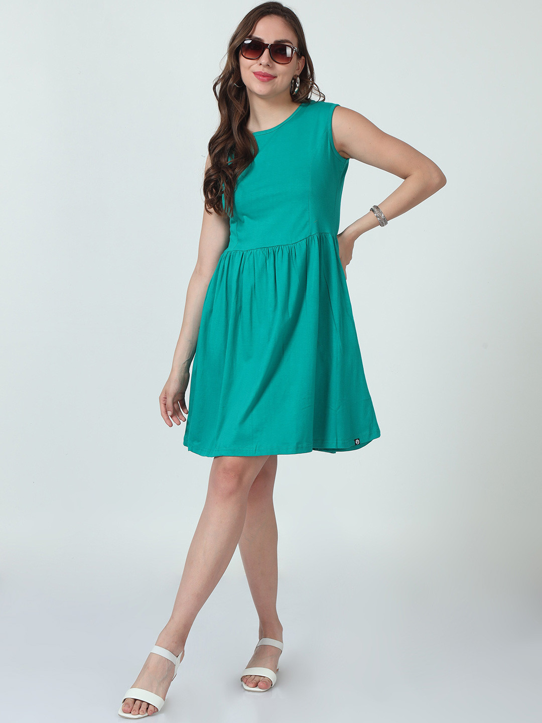 

ecott Sleeveless Cotton Pleated Fit & Flare Dress, Sea green