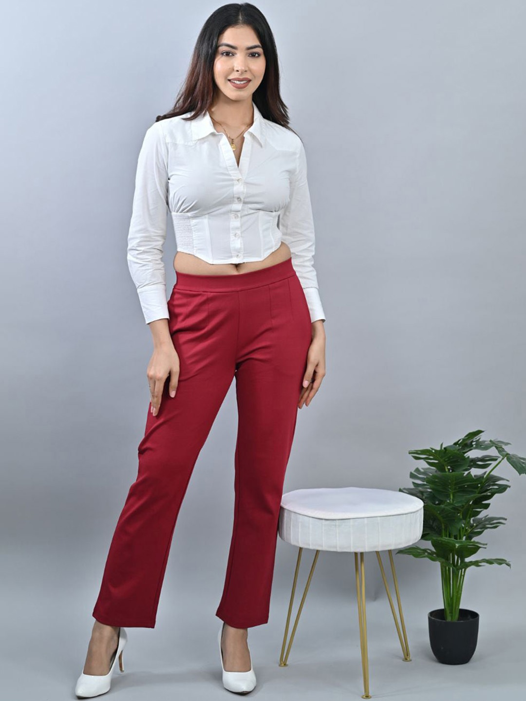 

Mlada Straight Fit Mid Waist Cigarette Pencil Pant, Maroon