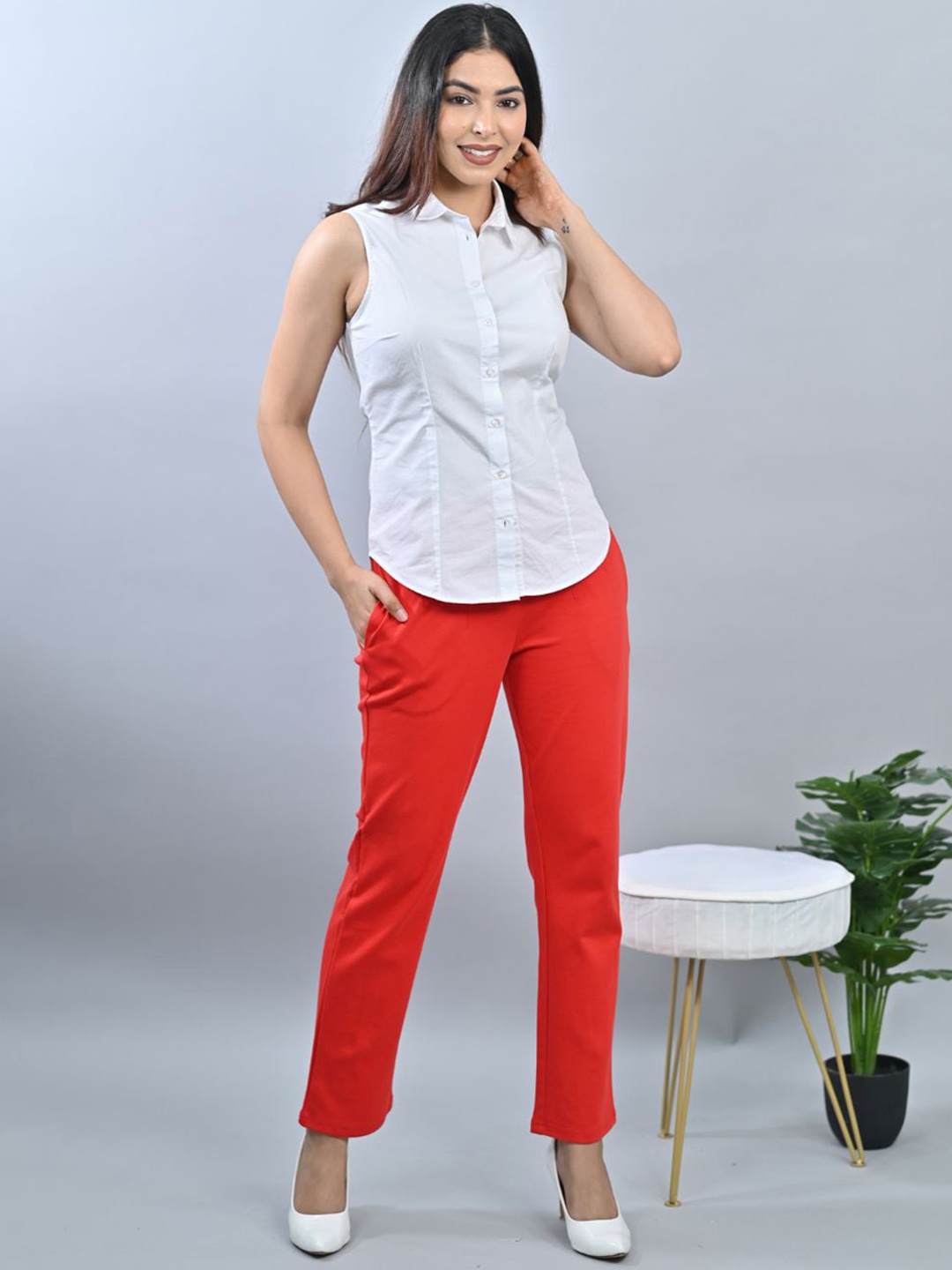 

Mlada Straight Fit Mid-High Waist Cigarette Pencil Pant, Red
